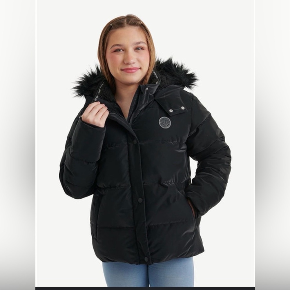 Justice Girls Puffer Jacket Faux Fur Lined With Hood Sz 7/8 Black